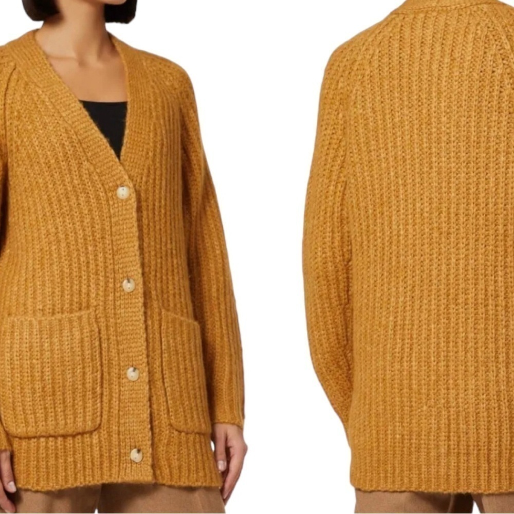 Vince Alpaca-Wool Ribbed Cardigan With Pockets In Gold Ochre - Picture 4 of 4